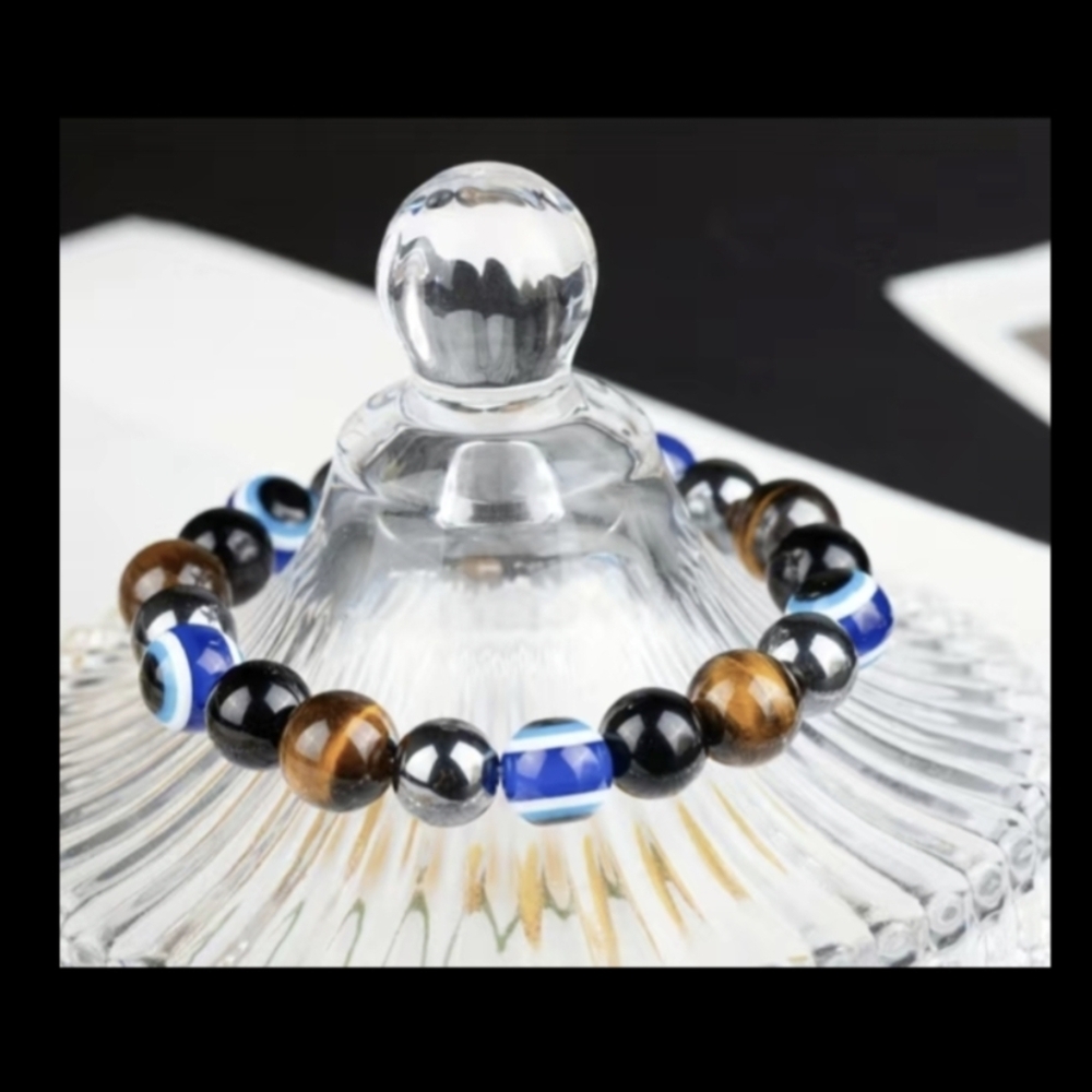 Hematite UNISEX Tiger Eye Evil Eye Stone Combination Triple Protection Bracelet